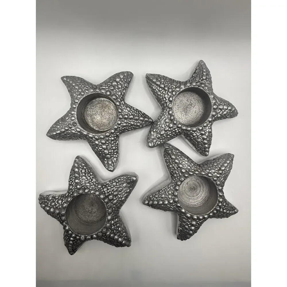 Set of 4 Silver Starfish Tealight Candle Holders Coastal Beach Nautical Decor